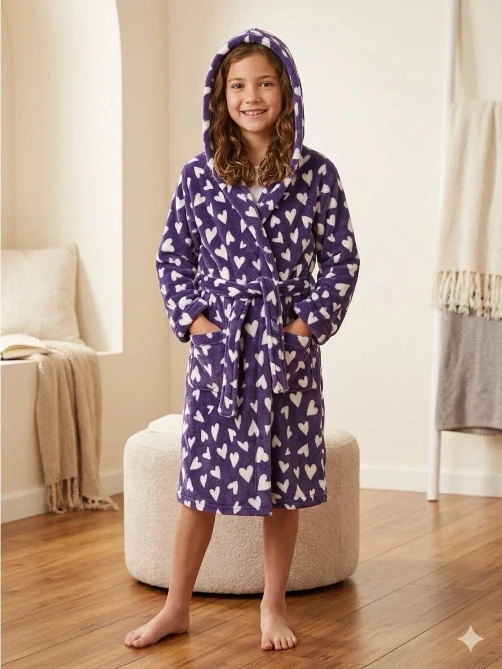 Tucker + Tate Big Girls Plush Hooded Robe hearts purple  8/10